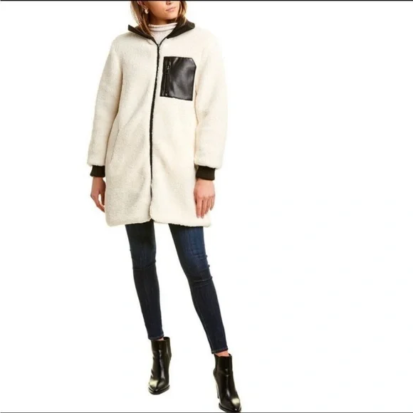NVLT Anthropologie cream sherpa fleece longline jacket w/ faux leather accent - Picture 3 of 12